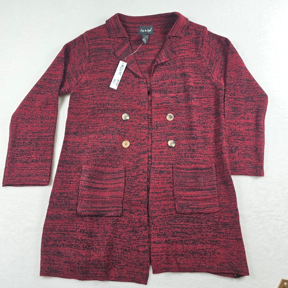 Step In Style Womens XL Red Black Marled Double Breasted Longline Cardigan NEW